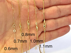 14K Solid Yellow Gold Shiny Box Chain Necklace 16" 18" 20" 22" 24" - 0.6mm, 0.7mm, 0.8mm, 1.0mm, 1.1mm - suitable for Pendant / Charm